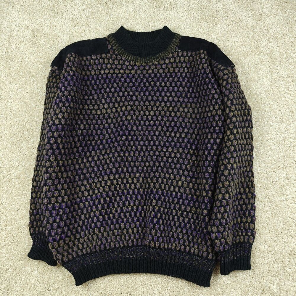 Vintage CHIA Men's M Sweater Thick Knit Leather Shoulder Patches Dad Grandpa